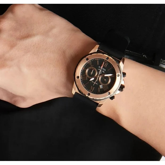  Shop Authentic Bulova Marine Star Chronograph Black Dial Black Rubber Strap Watch for Men - 98B104 - Luxxuri