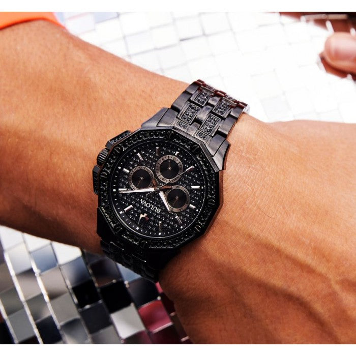  Shop Authentic Bulova Octova Chronograph Black Crystal Dial Black Steel Strap Watch for Men - 98C134 - Luxxuri