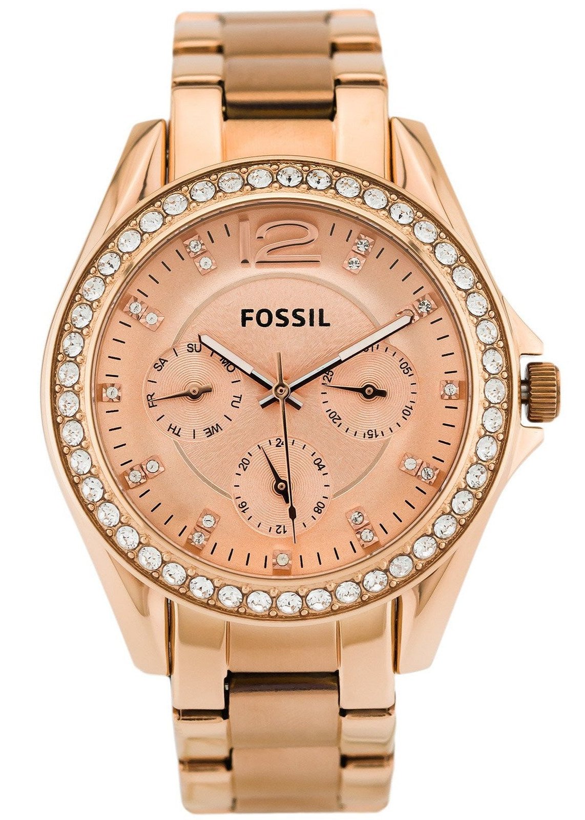  Shop Authentic Fossil Riley Multifunction Rose Gold Dial Rose Gold Steel Strap Watch for Women - ES2811 - Luxxuri