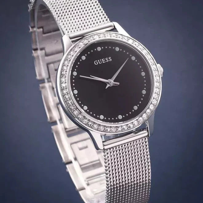  Shop Authentic Guess Chelsea Crystals Black Dial Silver Mesh Bracelet Watch For Women  - W0647L5 - Luxxuri