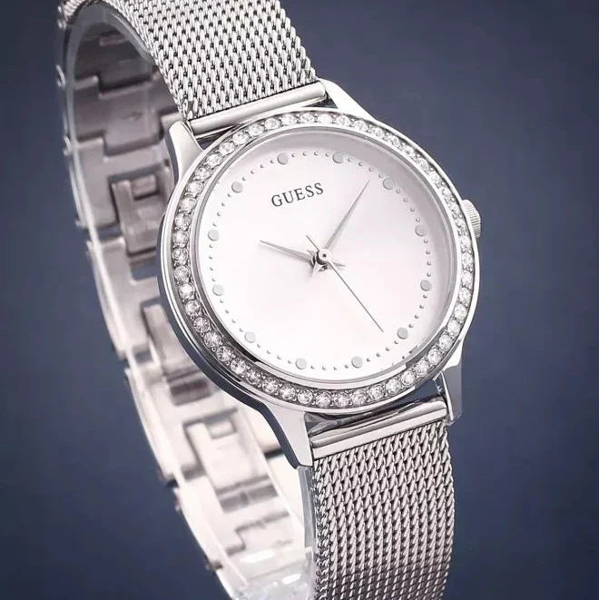  Shop Authentic Guess Chelsea Quartz Silver Dial Silver Mesh Strap Watch For Women - W0647L6 - Luxxuri