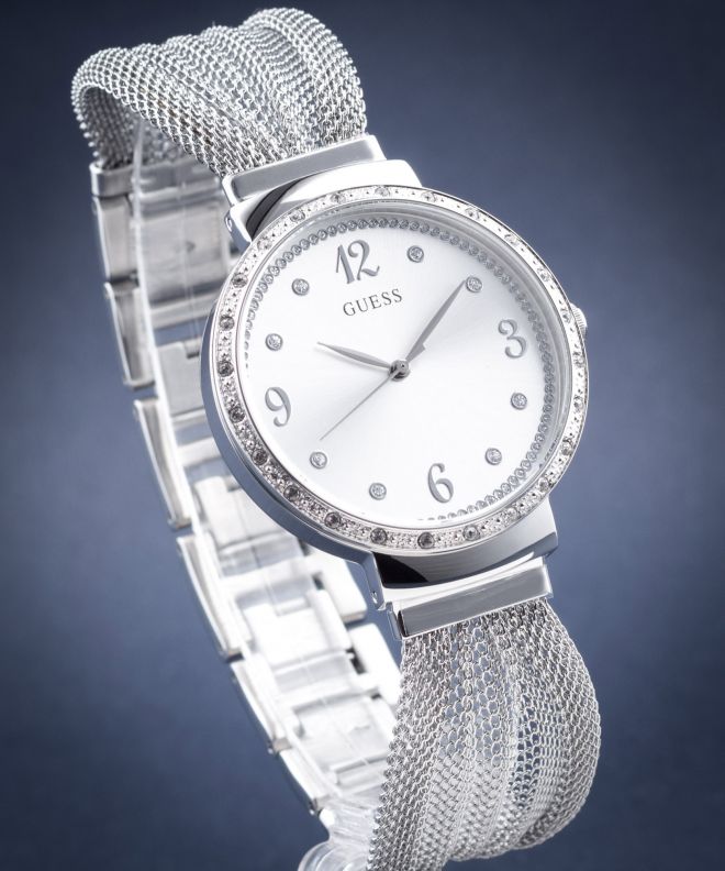  Shop Authentic Guess Chiffon Silver Dial Silver Mesh Bracelet Watch For Women - W1083L1 - Luxxuri