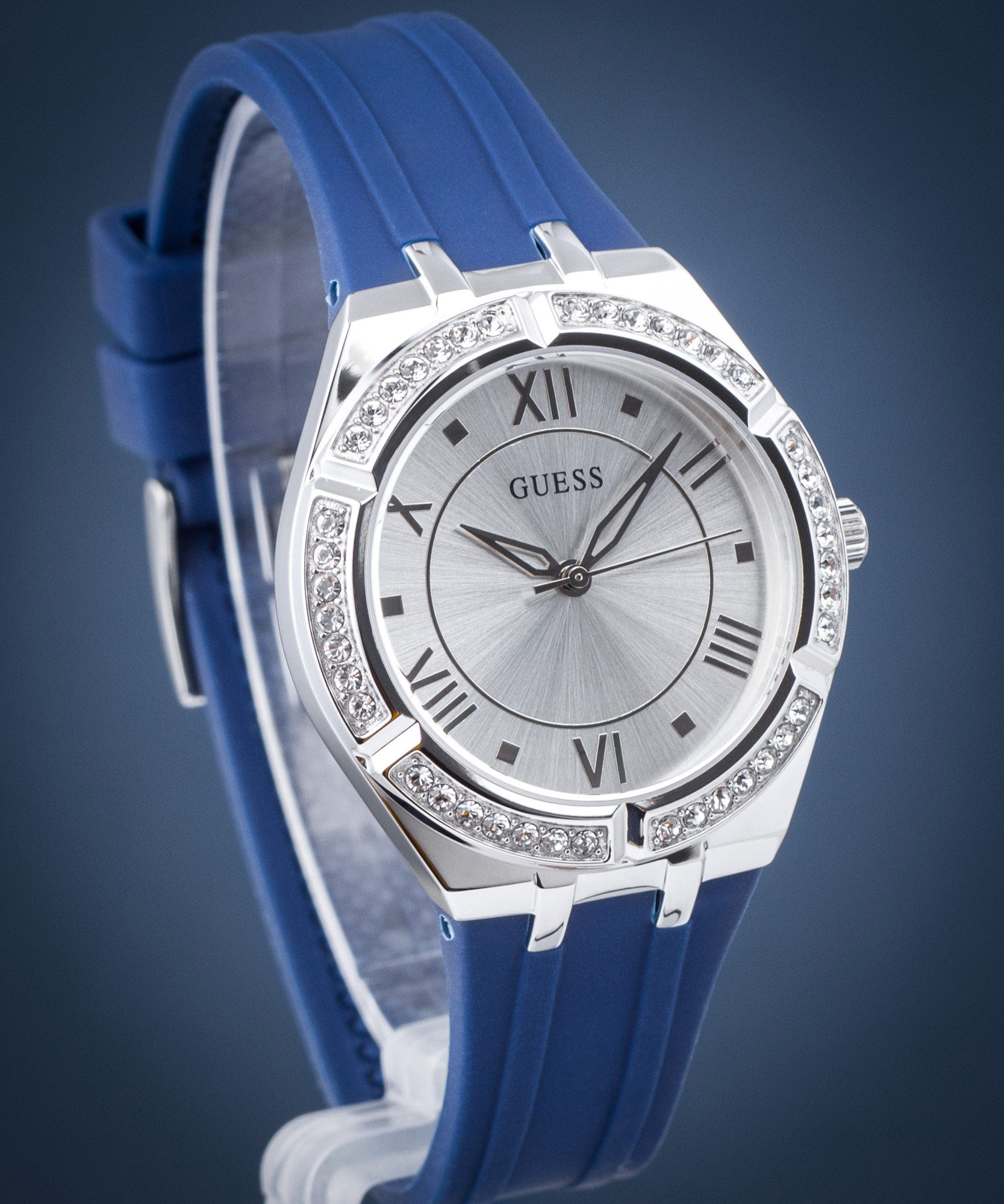  Shop Authentic Guess Cosmo Diamonds Silver Dial Blue Rubber Strap Watch for Women - GW0034L5 - Luxxuri