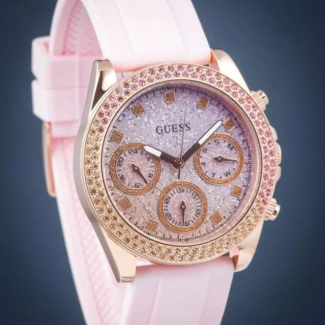 Shop Authentic Guess Sparkling Chronograph Crystals Pink Dial Pink Silicone Strap Watch For Women - GW0032L4 - Luxxuri