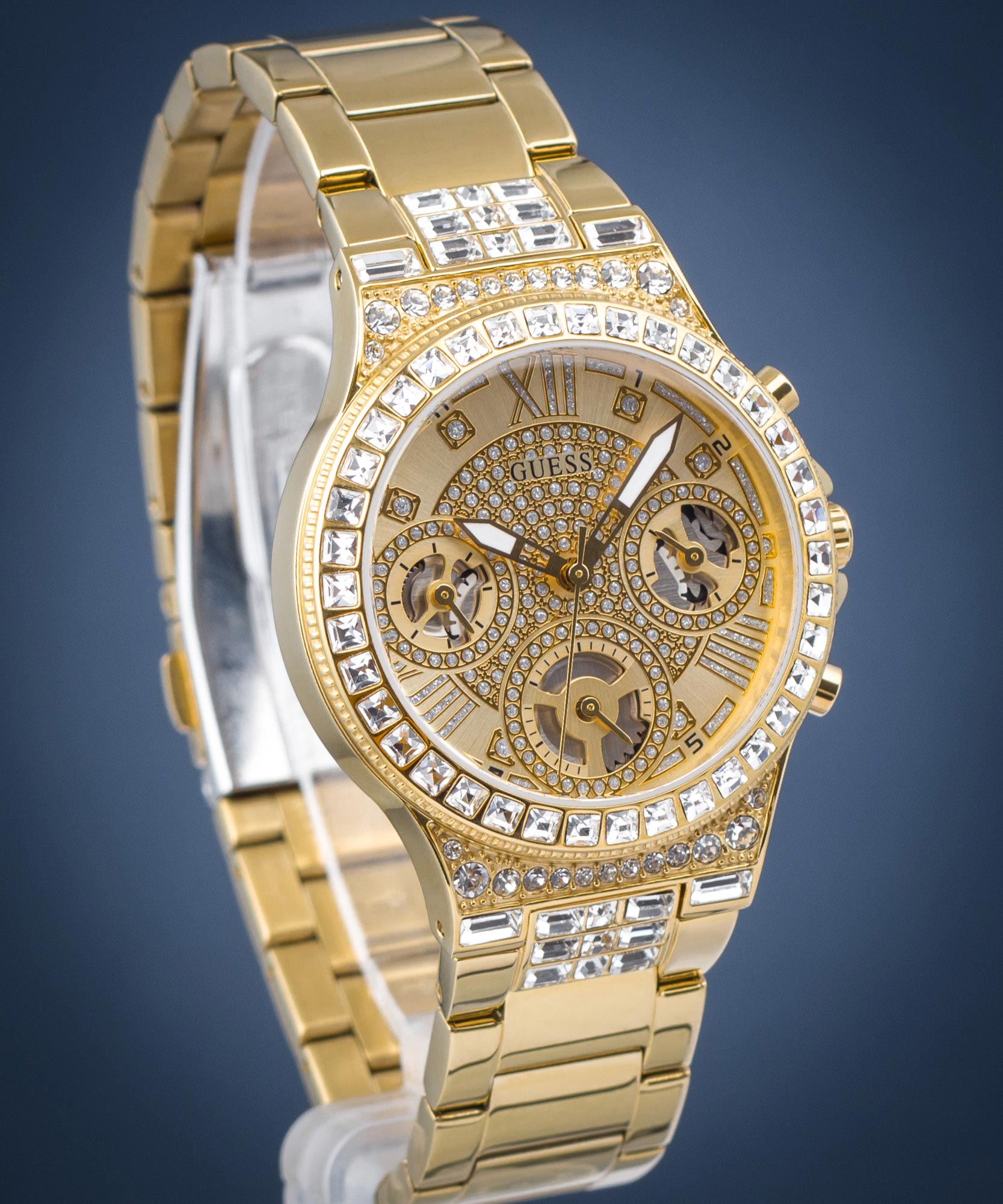  Shop Authentic Guess Moonlight Multi Function Diamonds Gold Dial Gold Steel Strap Watch for Women - GW0320L2 - Luxxuri