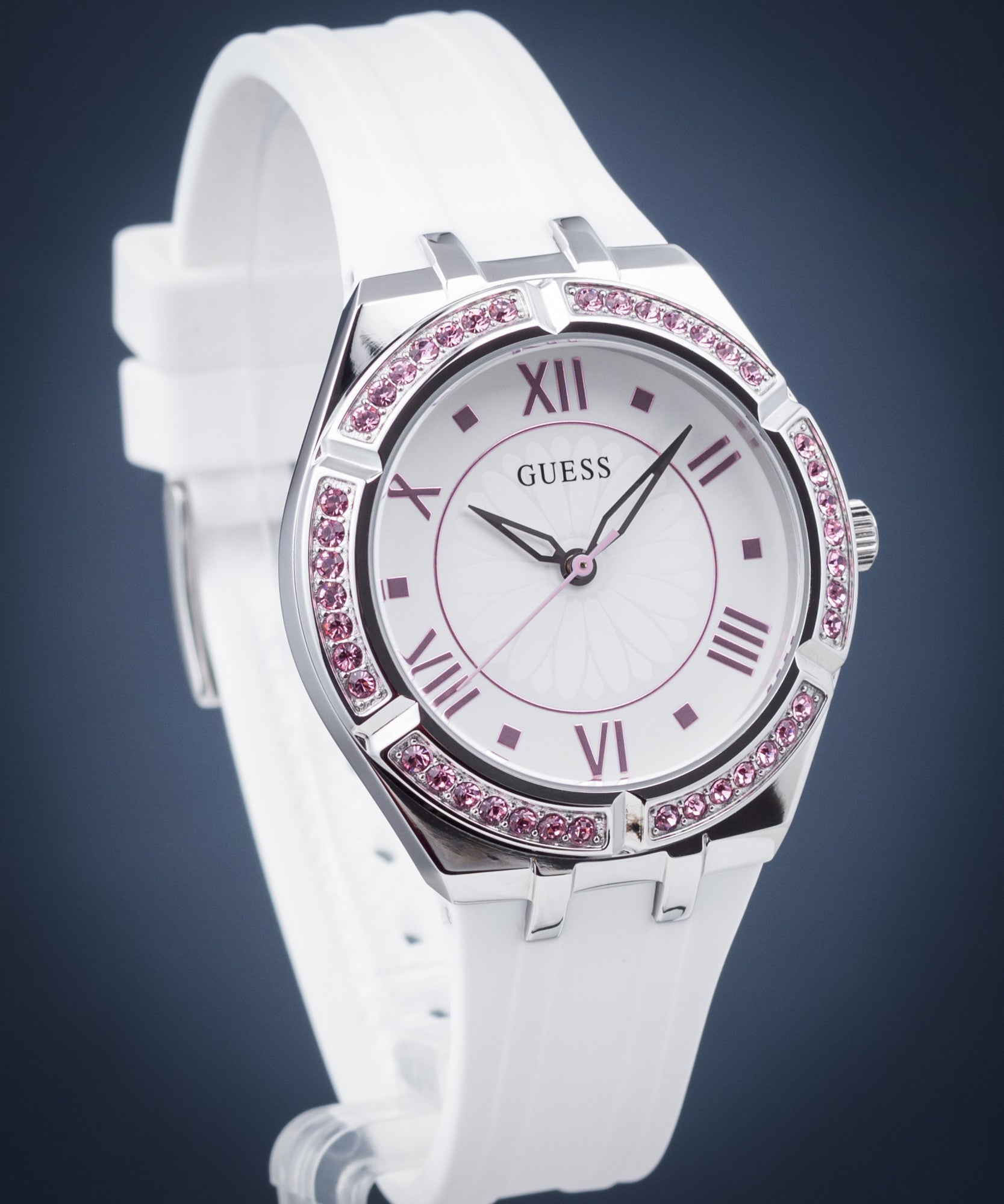  Shop Authentic Guess Sparkling Silver Dial White Rubber Strap Watch For Women - GW0032L1 - Luxxuri