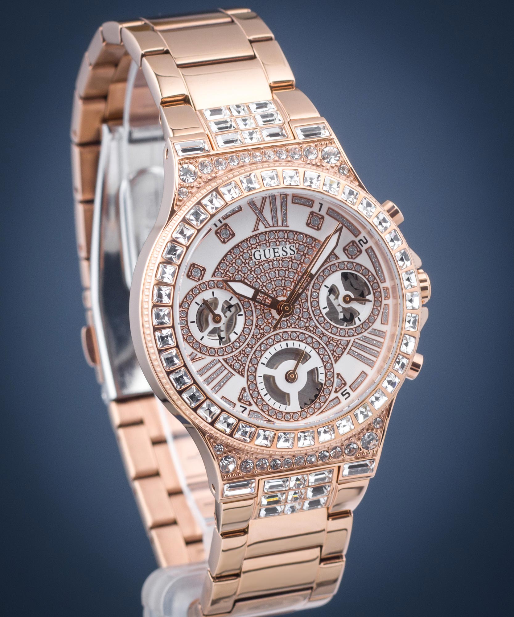  Shop Authentic Guess Moonlight Multi Function Diamonds White Dial Rose Gold Steel Strap Watch for Women - GW0320L3 - Luxxuri