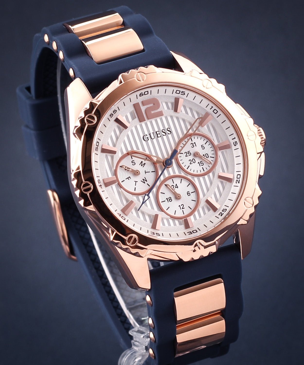  Shop Authentic Guess Interpid White & Rose Gold Dial Blue Silicone Strap Watch For Women - W0325L8 - Luxxuri