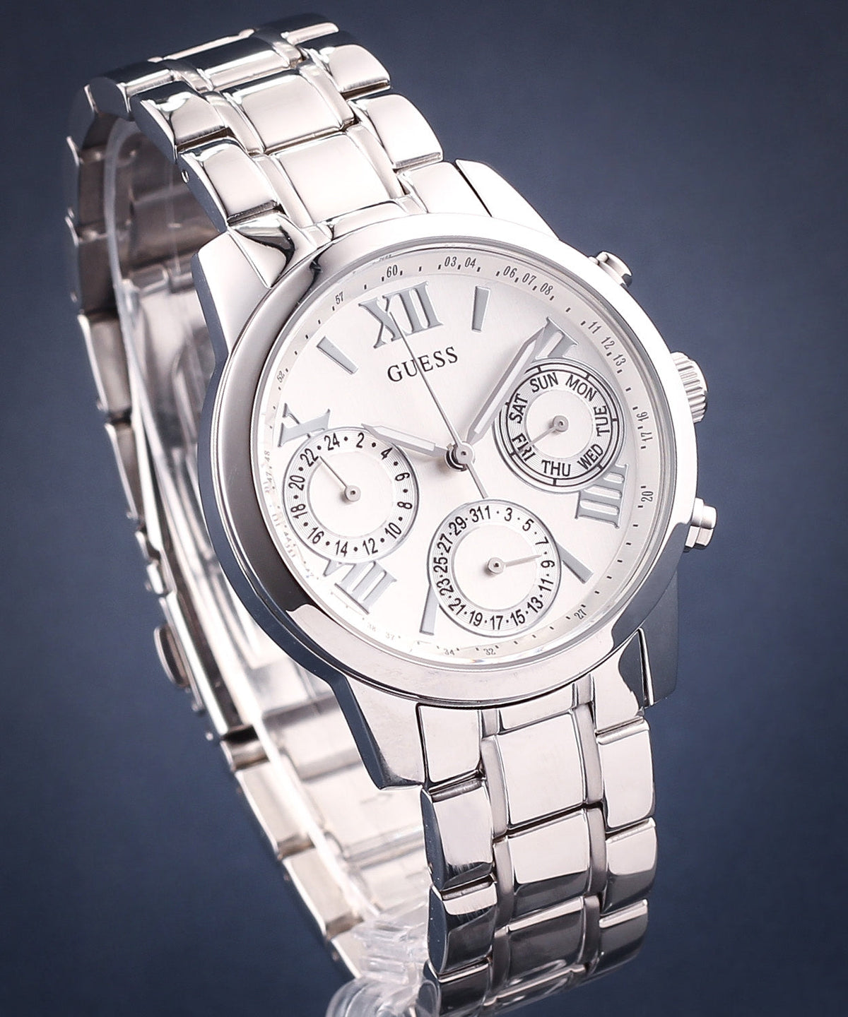  Shop Authentic Guess Mini Sunrise Silver Dial Silver Steel Strap Watch For Women - W0448L1 - Luxxuri
