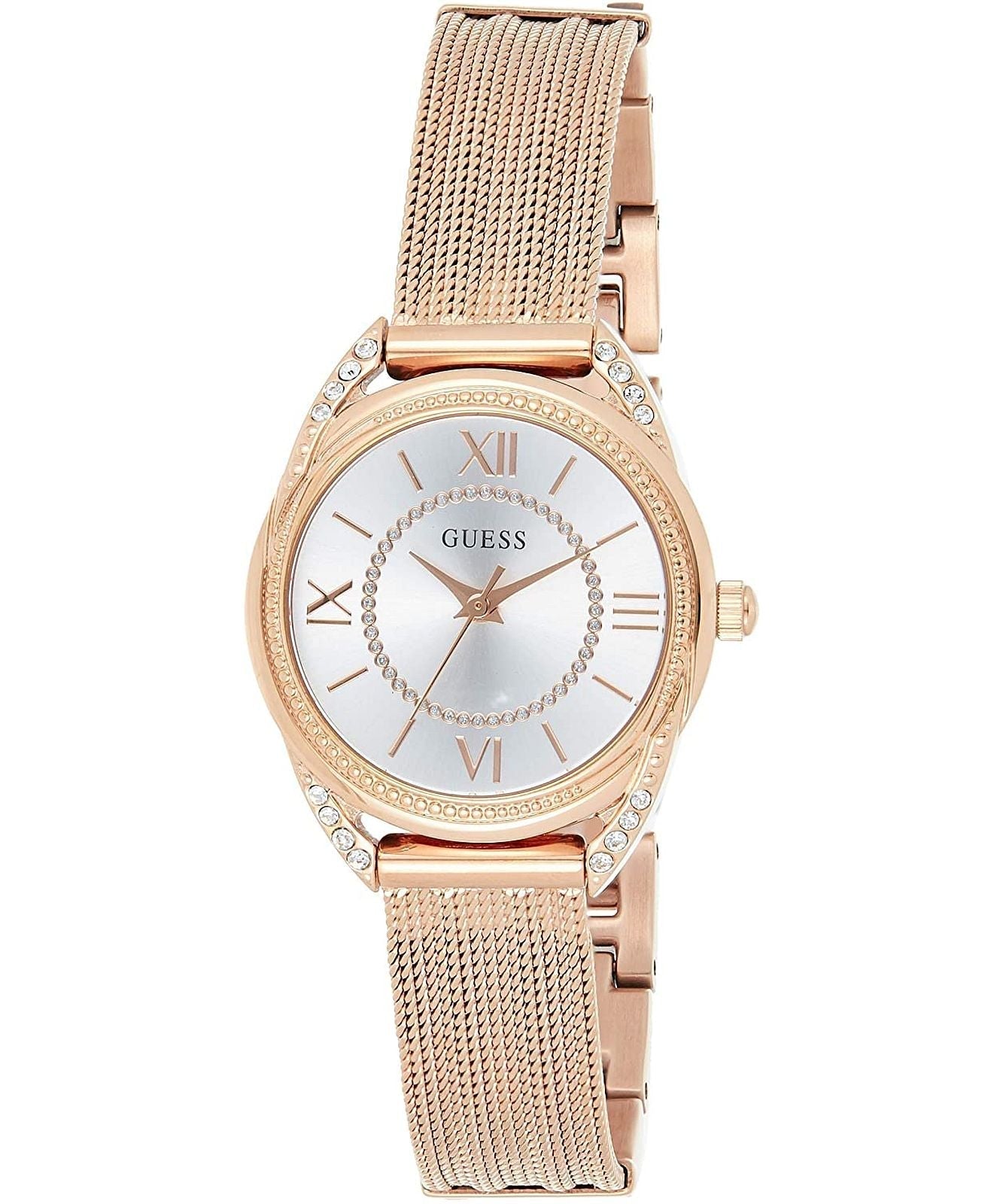  Shop Authentic Guess Whisper Silver Dial Rose Gold Mesh Bracelet Watch for Women - W1084L3 - Luxxuri