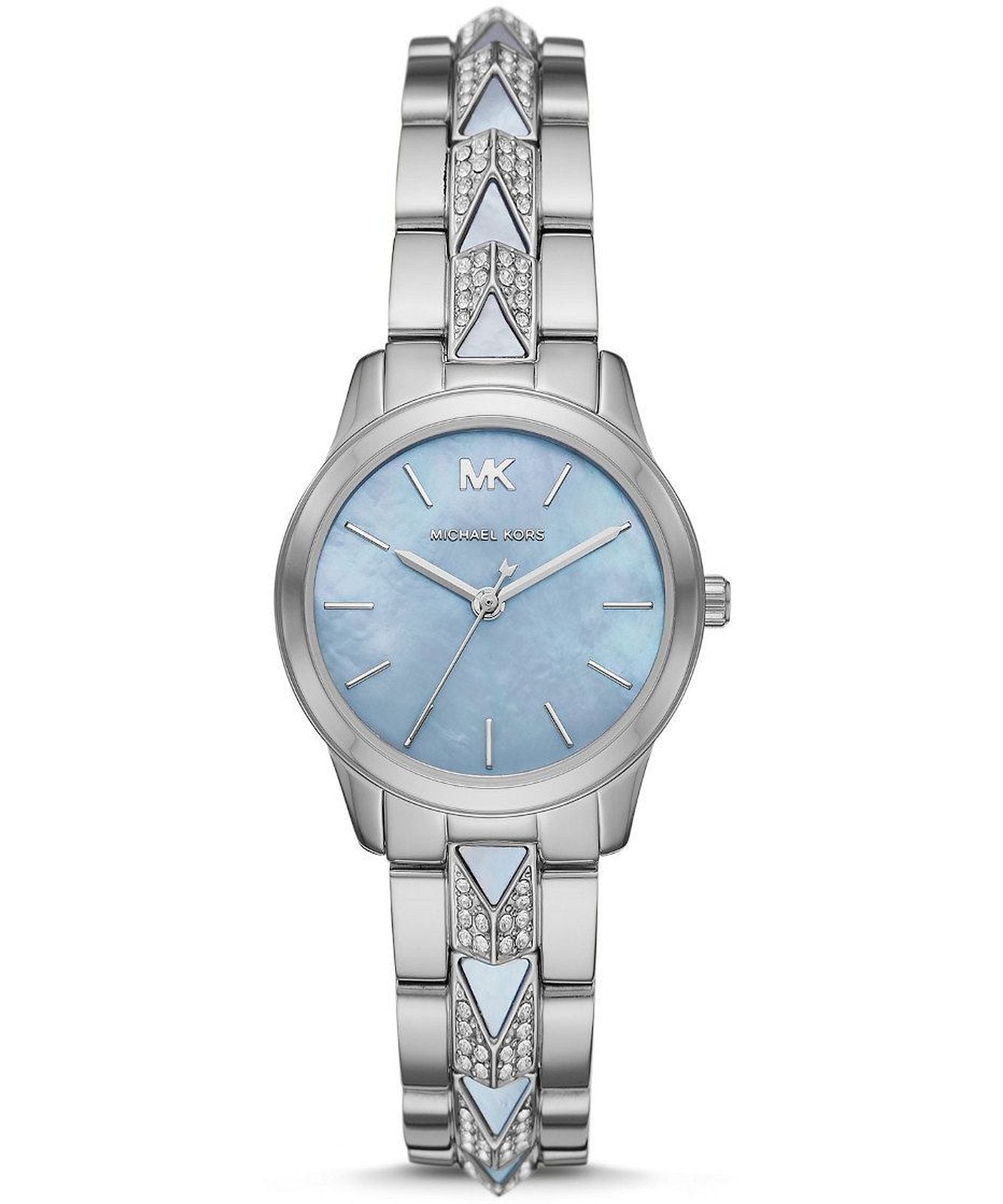 Shop Authentic Michael Kors Runway Mercer Quartz Mother of Pearl Blue Dial Silver Steel Strap Watch For Women - MK6857 - Luxxuri