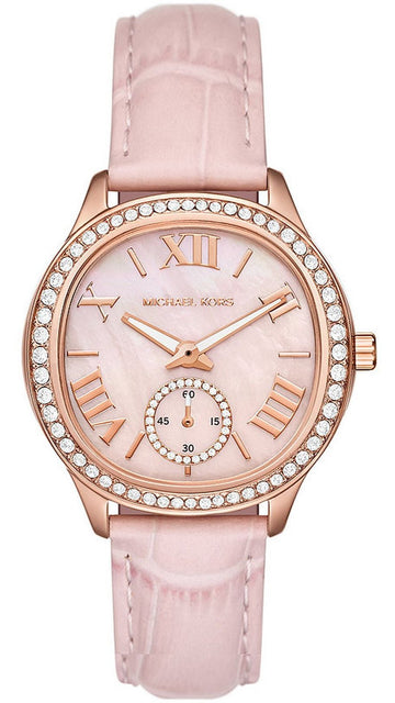  Shop Authentic Michael Kors Sage Three-Hand Mother of Pearl Pink Dial Pink Leather Strap Watch for Women - MK4820 - Luxxuri