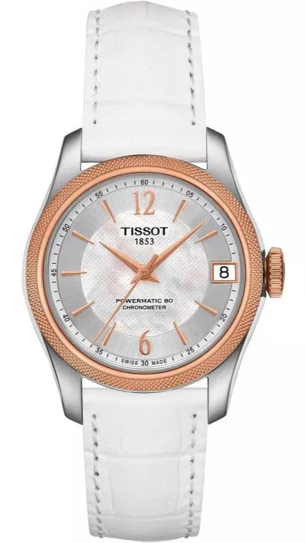  Shop Authentic Tissot T-Classic Powermatic 80 Mother of Pearl Silver Dial White Leather Strap Watch For Women - T108.208.26.117.00 - Luxxuri