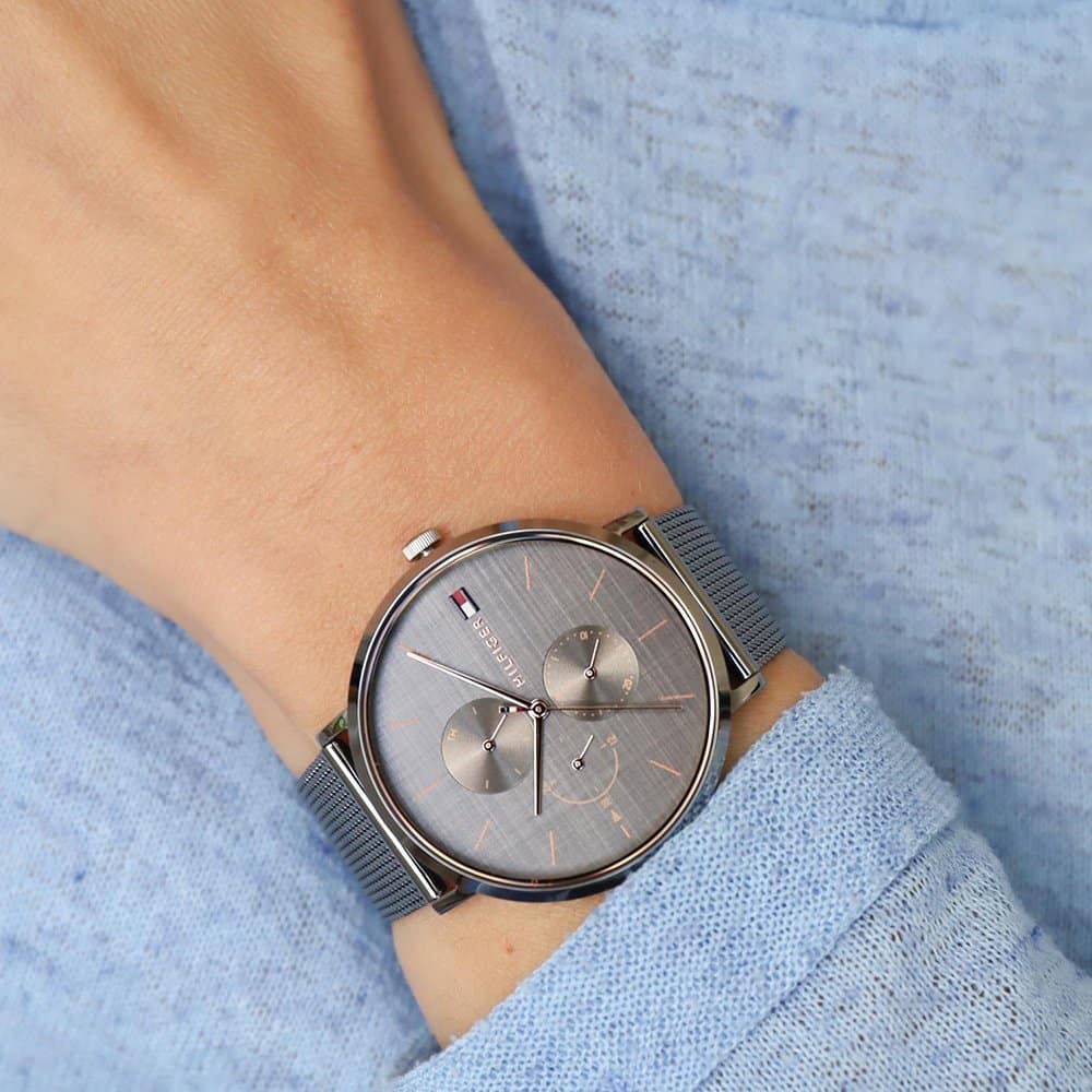  Shop Authentic Tommy Hilfiger Jenna Multifunction Grey Dial Grey Mesh Bracelet Watch For Women - 1781945 - Luxxuri