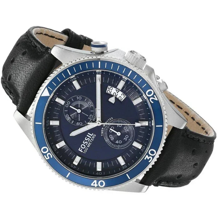  Shop Authentic Fossil Wakefield Chronograph Blue Dial Black Leather Strap Watch for Women - CH2945 - Luxxuri