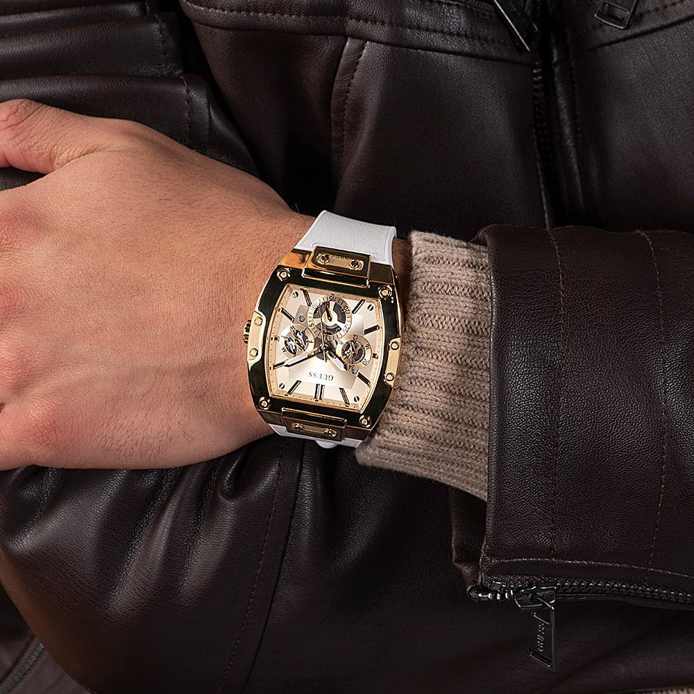  Shop Authentic Guess Phoenix Multifunction Gold Dial White Leather Strap Watch for Men - GW0202G6 - Luxxuri