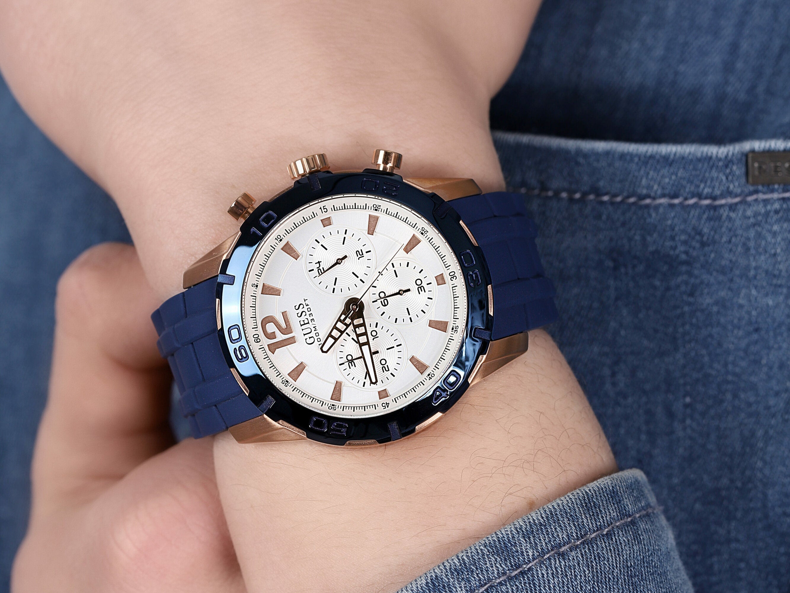  Shop Authentic Guess Caliber Chronograph White Dial Blue Silicone Strap Watch for Men - W0864G5 - Luxxuri