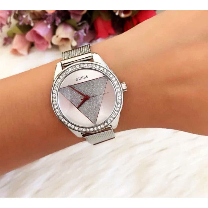  Shop Authentic Guess Tri Glitz Quartz Silver Dial Silver Mesh Bracelet Watch For Women - W1142L1 - Luxxuri