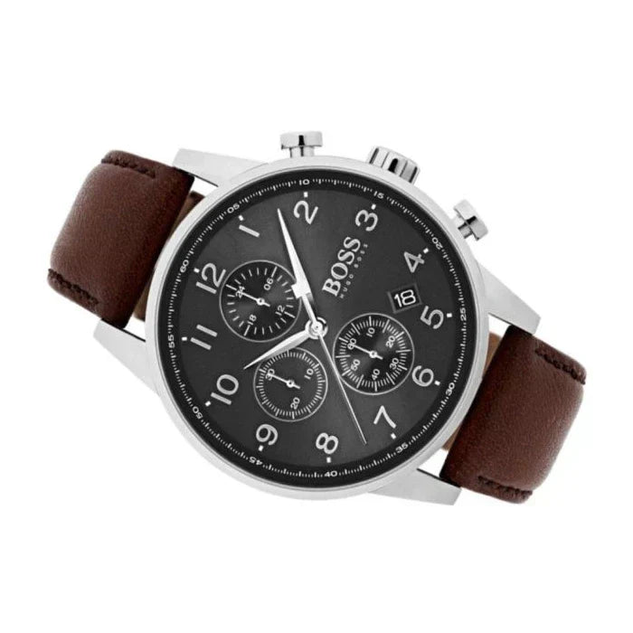  Shop Authentic Hugo Boss Navigator Grey Dial Brown Leather Strap Watch for Men - 1513494 - Luxxuri