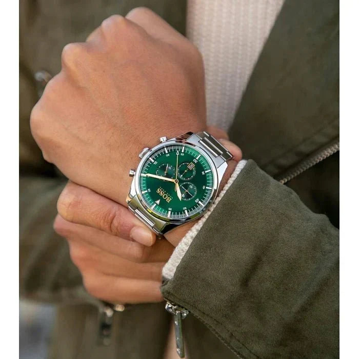  Shop Authentic Hugo Boss Pioneer Green Dial Silver Steel Strap Watch for Men - 1513868 - Luxxuri