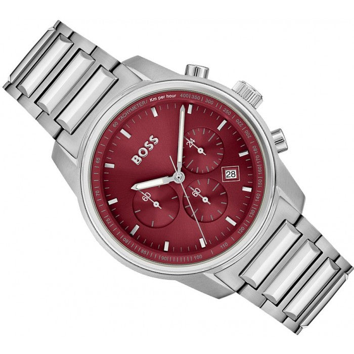 Shop Authentic Hugo Boss Trace Chronograph Red Dial Silver Steel Strap Watch For Men - 1514004 - Luxxuri