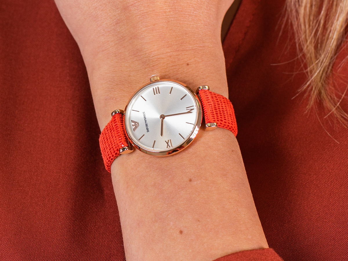  Shop Authentic Emporio Armani Gianni T Bar Silver Dial Red Leather Strap Watch For Women - AR1876 - Luxxuri