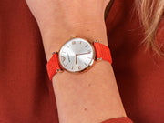  Shop Authentic Emporio Armani Gianni T Bar Silver Dial Red Leather Strap Watch For Women - AR1876 - Luxxuri
