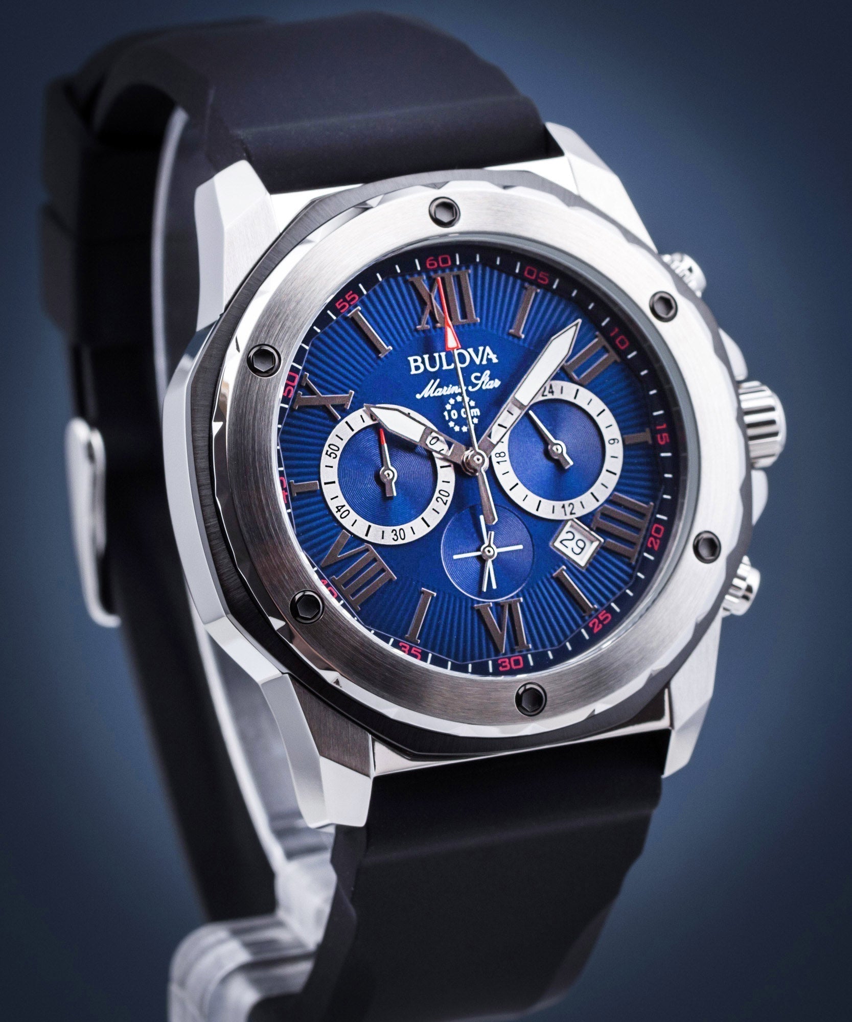  Shop Authentic Bulova Marine Star Blue Dial Black Silicone Strap Watch for Men - 98B258 - Luxxuri