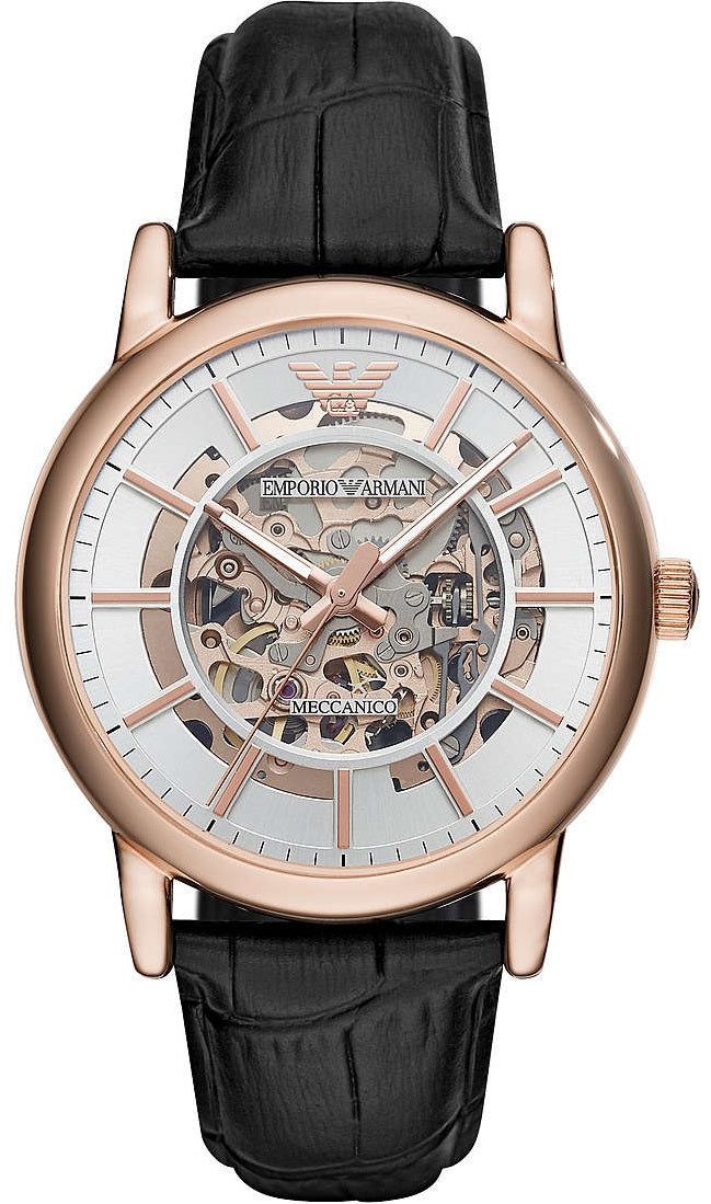  Shop Authentic Emporio Armani Luigi Skeleton Silver Dial Black Leather Strap Watch For Men - AR60007 - Luxxuri