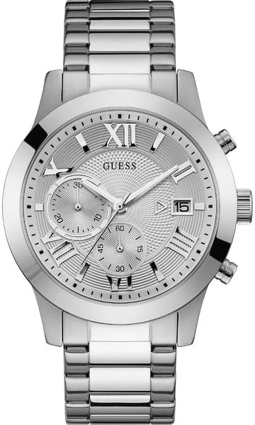  Shop Authentic Guess Atlas Chronograph Silver Dial Silver Steel Strap Watch For Men - W0668G7 - Luxxuri