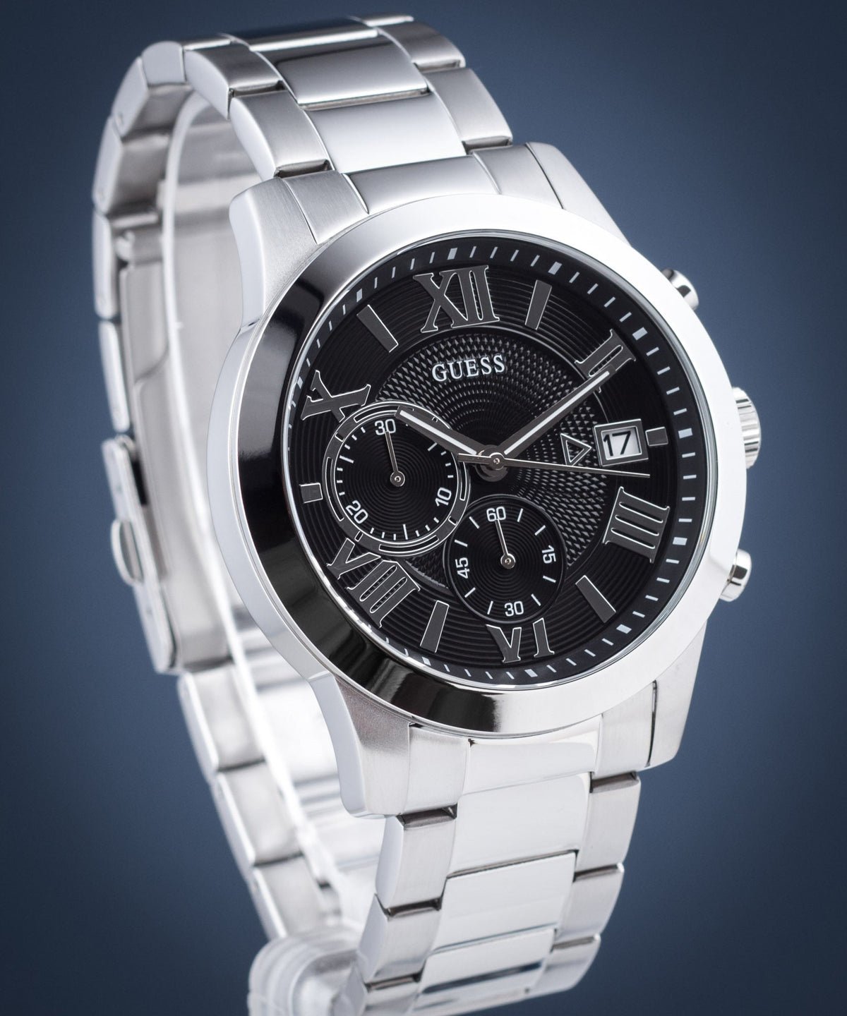  Shop Authentic Guess Atlas Chronograph Black Dial Silver Steel Strap Watch For Men - W0668G3 - Luxxuri