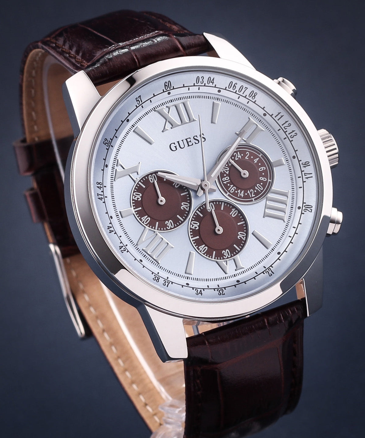  Shop Authentic Guess Horizon Chronograph Analog Blue Dial Brown Leather Strap Watch For Men - W0380G6 - Luxxuri