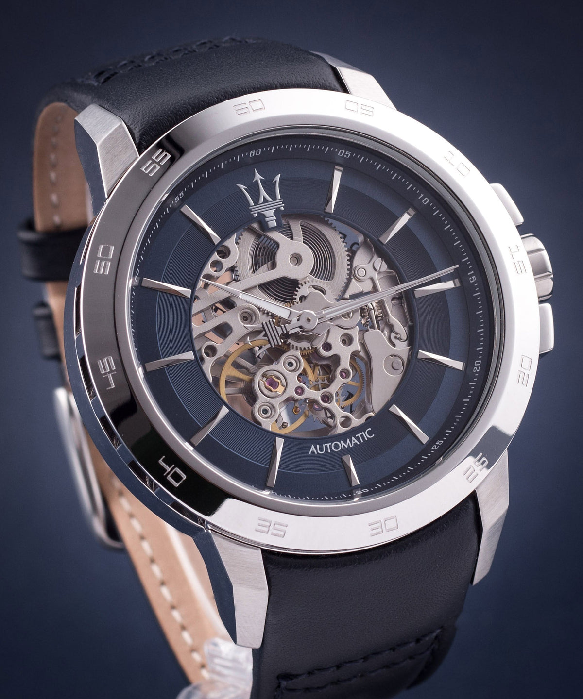  Shop Authentic Maserati Ingegno Automatic Blue Skeleton Dial Black Leather Strap Watch For Men - R8821119004 - Luxxuri