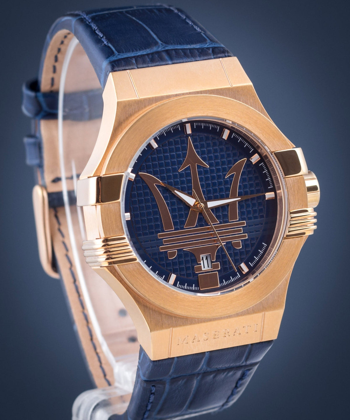  Shop Authentic Maserati Potenza 42mm Rose Gold & Blue Dial Blue Leather Strap Watch For Men - R8851108027 - Luxxuri