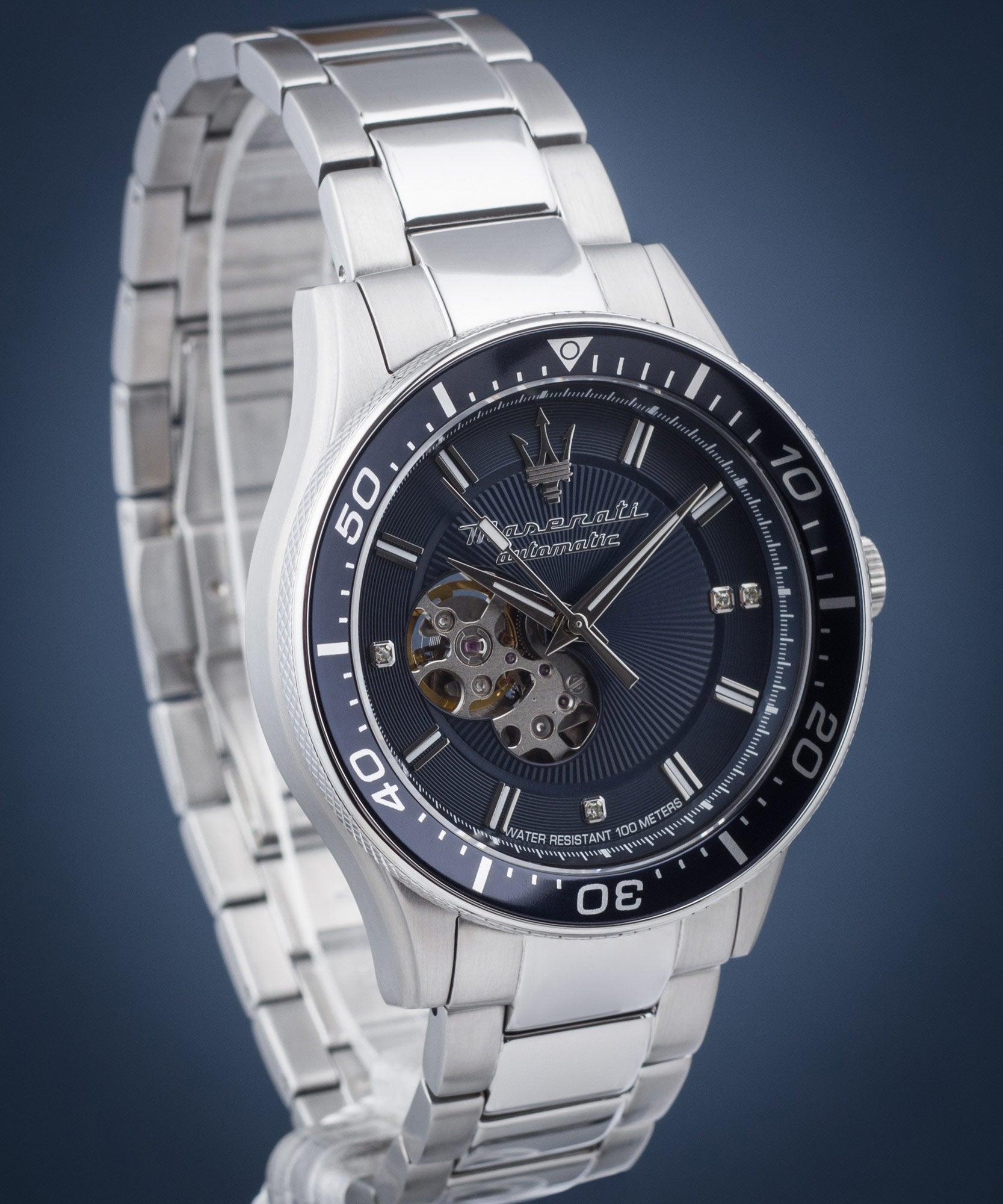  Shop Authentic Maserati SFIDA Automatic Skeleton Blue Dial Silver Steel Strap Watch For Men - R8823140007 - Luxxuri