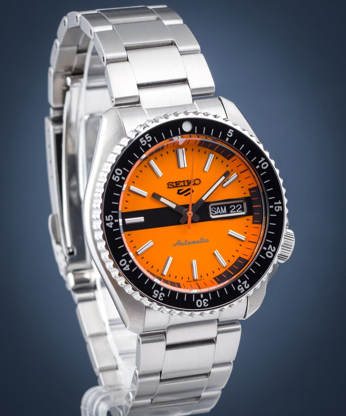  Shop Authentic Seiko 5 Sports Double Hurricane Retro Orange Dial Silver Steel Strap Watch For Men - SRPK11K1 - Luxxuri