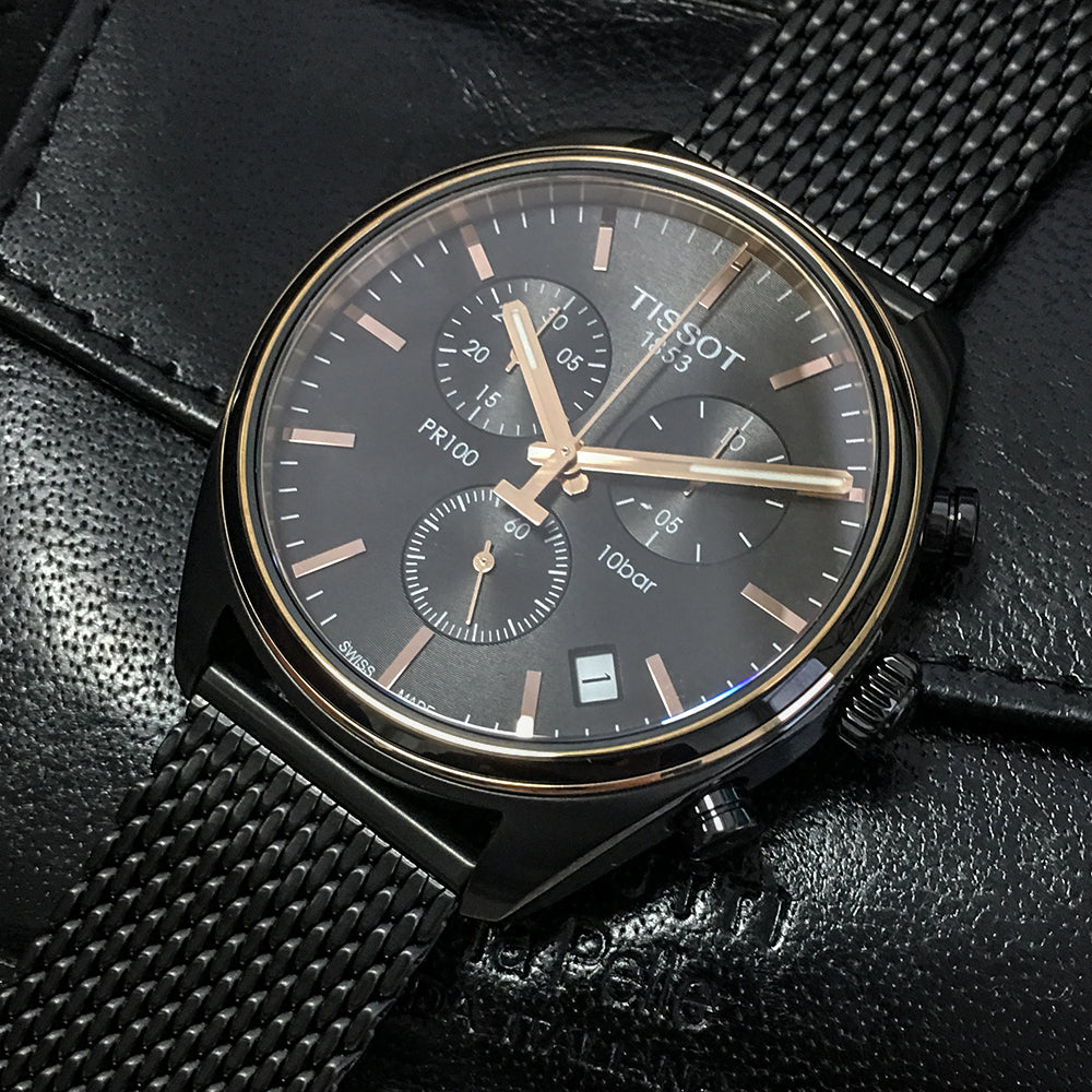  Shop Authentic Tissot T Classic PR 100 Chronograph Anthracite Black Dial Black Mesh Bracelet Watch For Men - T101.417.23.061.00 - Luxxuri