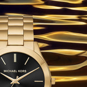  Shop Authentic Michael Kors Slim Runway Quartz Black Dial Gold Steel Strap Watch For Men - MK8621 - Luxxuri