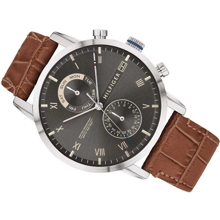  Shop Authentic Tommy Hilfiger Kane Grey Dial Brown Leather Strap Watch for Men - 1710398 - Luxxuri