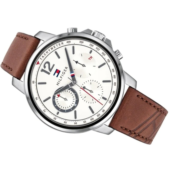  Shop Authentic Tommy Hilfiger Landon Chronograph White Dial Brown Leather Strap Watch for Men - 1791531 - Luxxuri