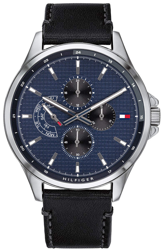  Shop Authentic Tommy Hilfiger Shawn Multifunction Quartz Blue Dial Black Leather Strap Watch for Men - 1791616 - Luxxuri