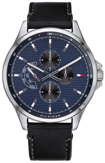  Shop Authentic Tommy Hilfiger Shawn Multifunction Quartz Blue Dial Black Leather Strap Watch for Men - 1791616 - Luxxuri