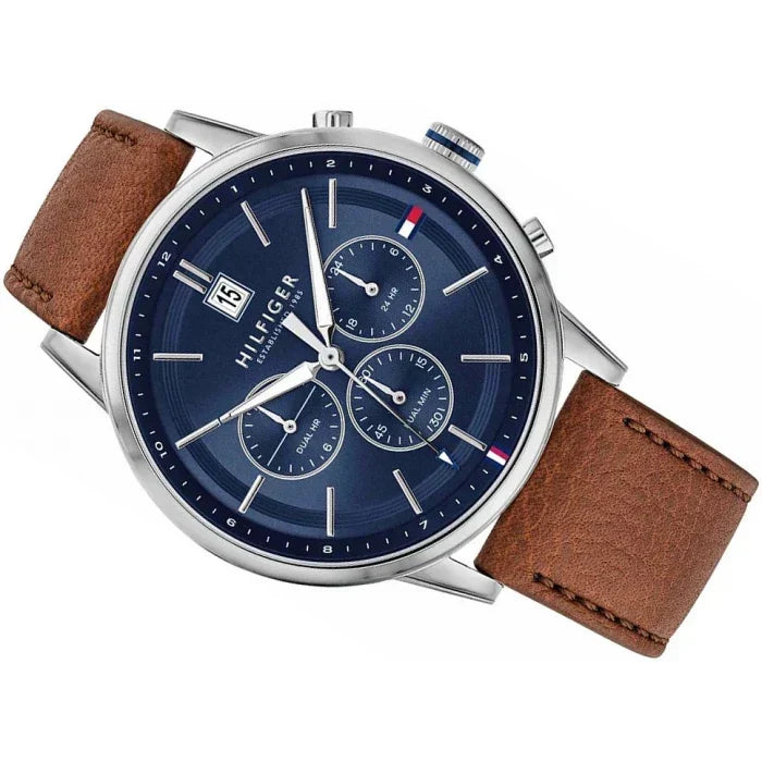  Shop Authentic Tommy Hilfiger Kyle Multifunction Blue Dial Brown Leather Strap Watch for Men - 1791629 - Luxxuri