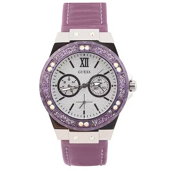  Shop Authentic Guess Limelight Quartz Silver Dial Purple Leather Strap Watch For Women - W0775L6 - Luxxuri
