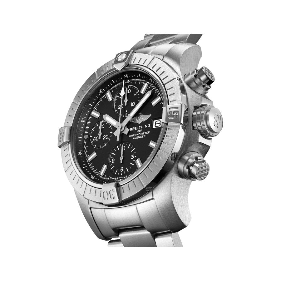  Shop Authentic Breitling Avenger Chronograph 43 Black Dial Silver Steel Strap Watch for Men - A13385101B1A1 - Luxxuri