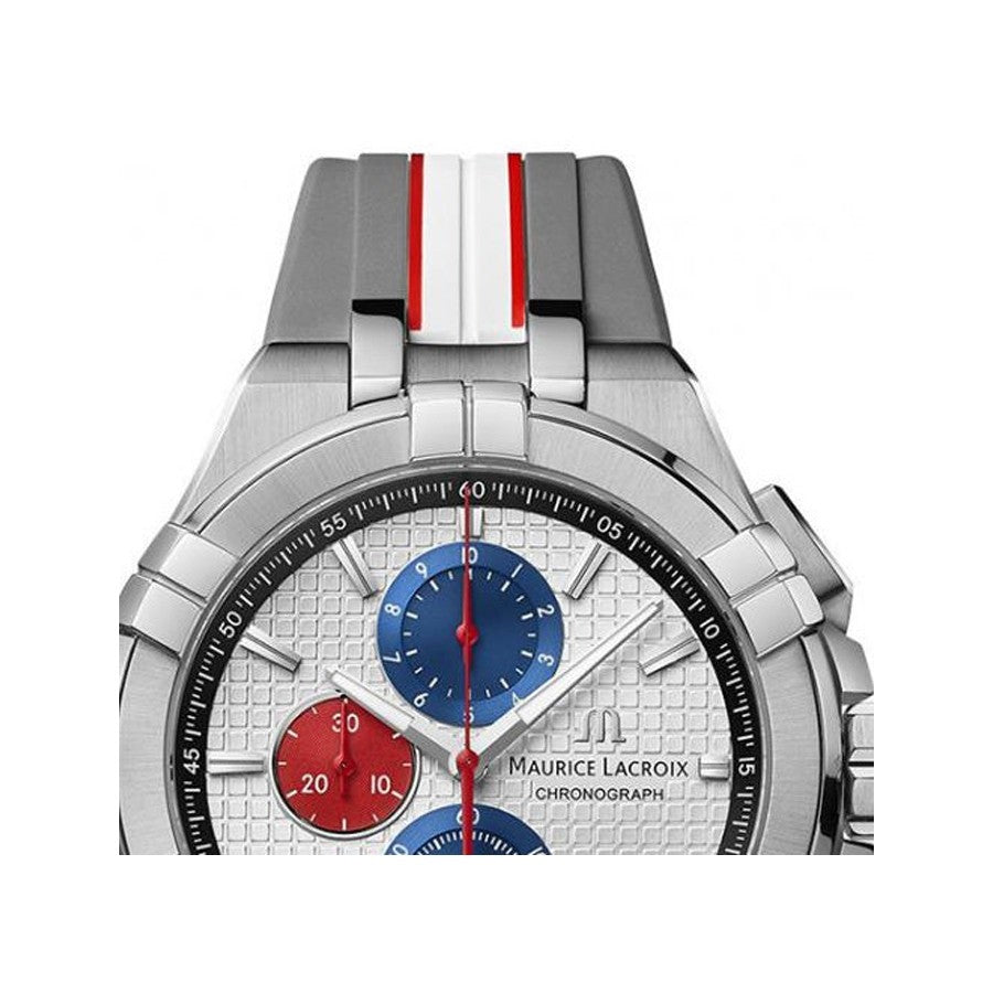  Shop Authentic Maurice Lacroix Aikon Chronograph Special Edition Mahindra Racing Silver Dial Grey Rubber Strap Watch for Men - AI1018-TT031-130-2 - Luxxuri